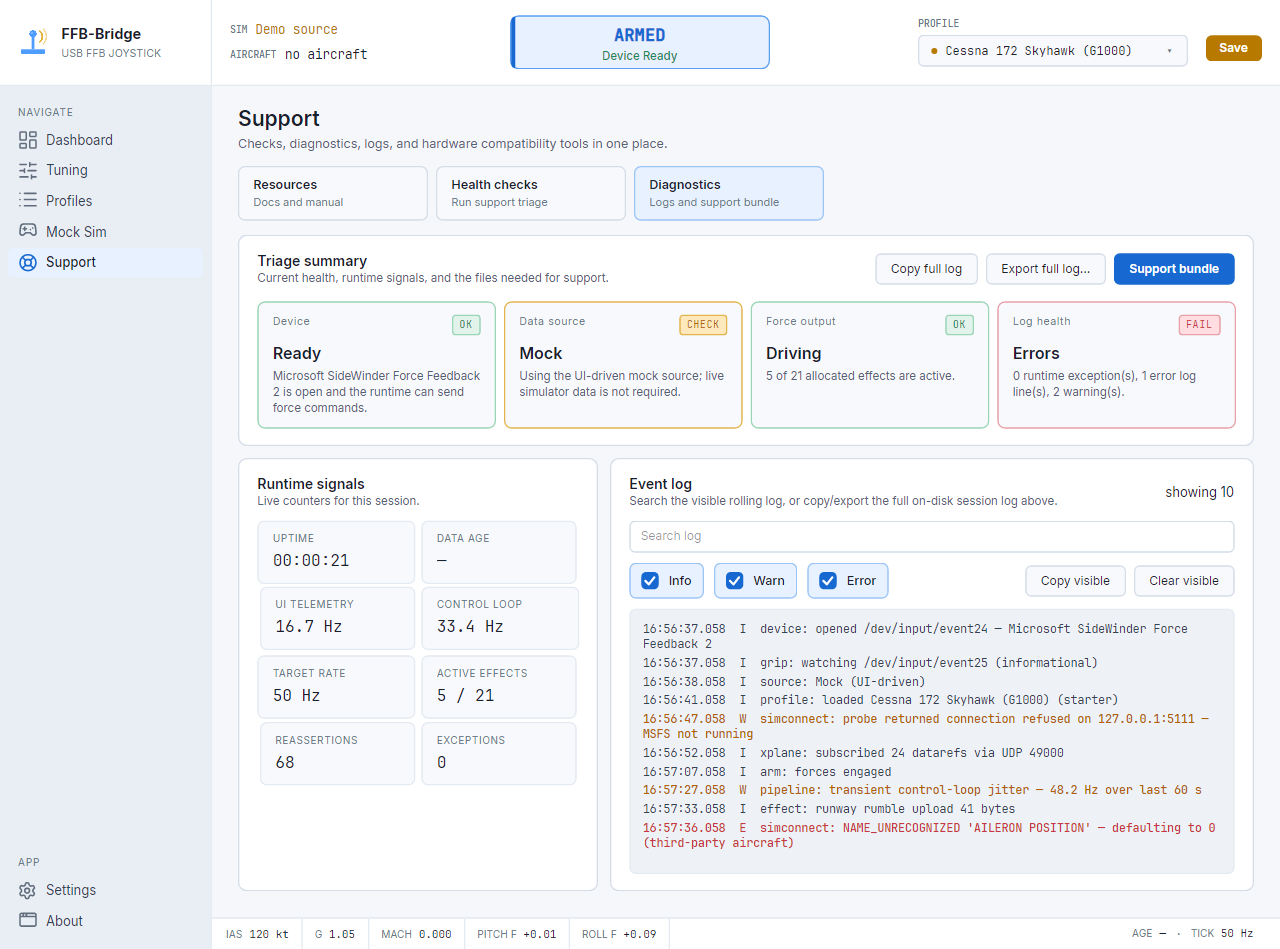 Registerkarte „Diagnose“ auf der Support-Seite – Triage-Zusammenfassung, Laufzeitsignale, durchsuchbares Ereignisprotokoll und Support-Bundle-Export.
