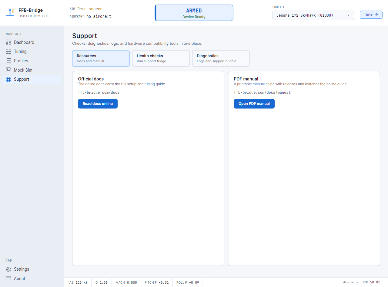 Hilfeseite – Registerkarte „Start“ mit Setup-Status, Checkliste für den Start, Tuning-Reihenfolge und Supportnachweisen.