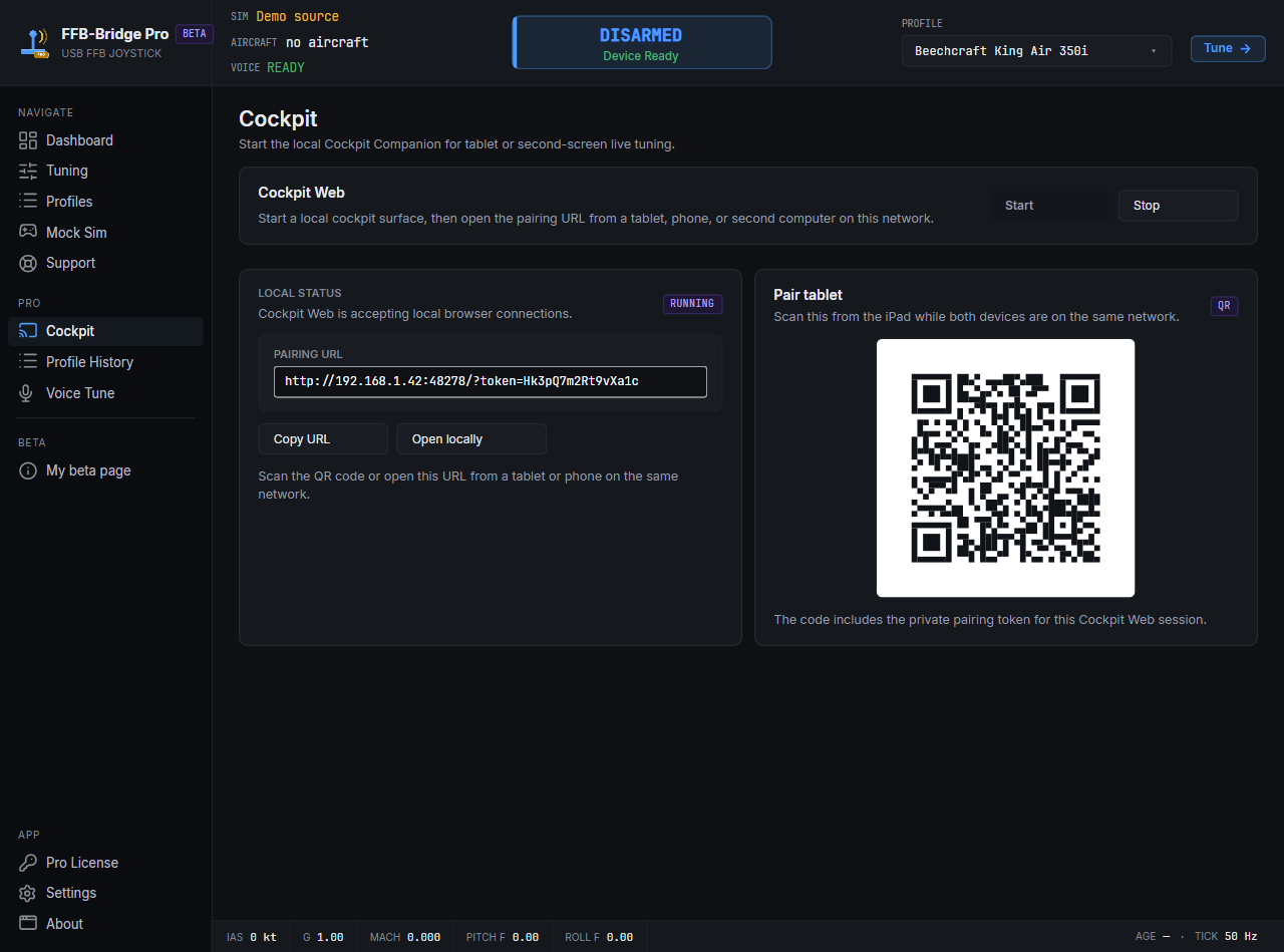Desktop-Cockpit-Seite mit der lokalen Kopplungs-URL und dem QR-Code für ein Tablet