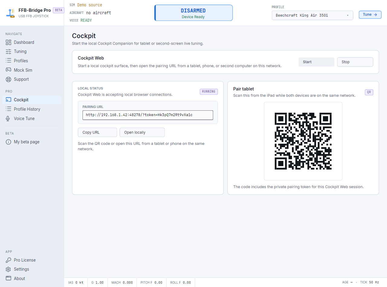 Desktop-Cockpit-Seite mit der lokalen Kopplungs-URL und dem QR-Code für ein Tablet