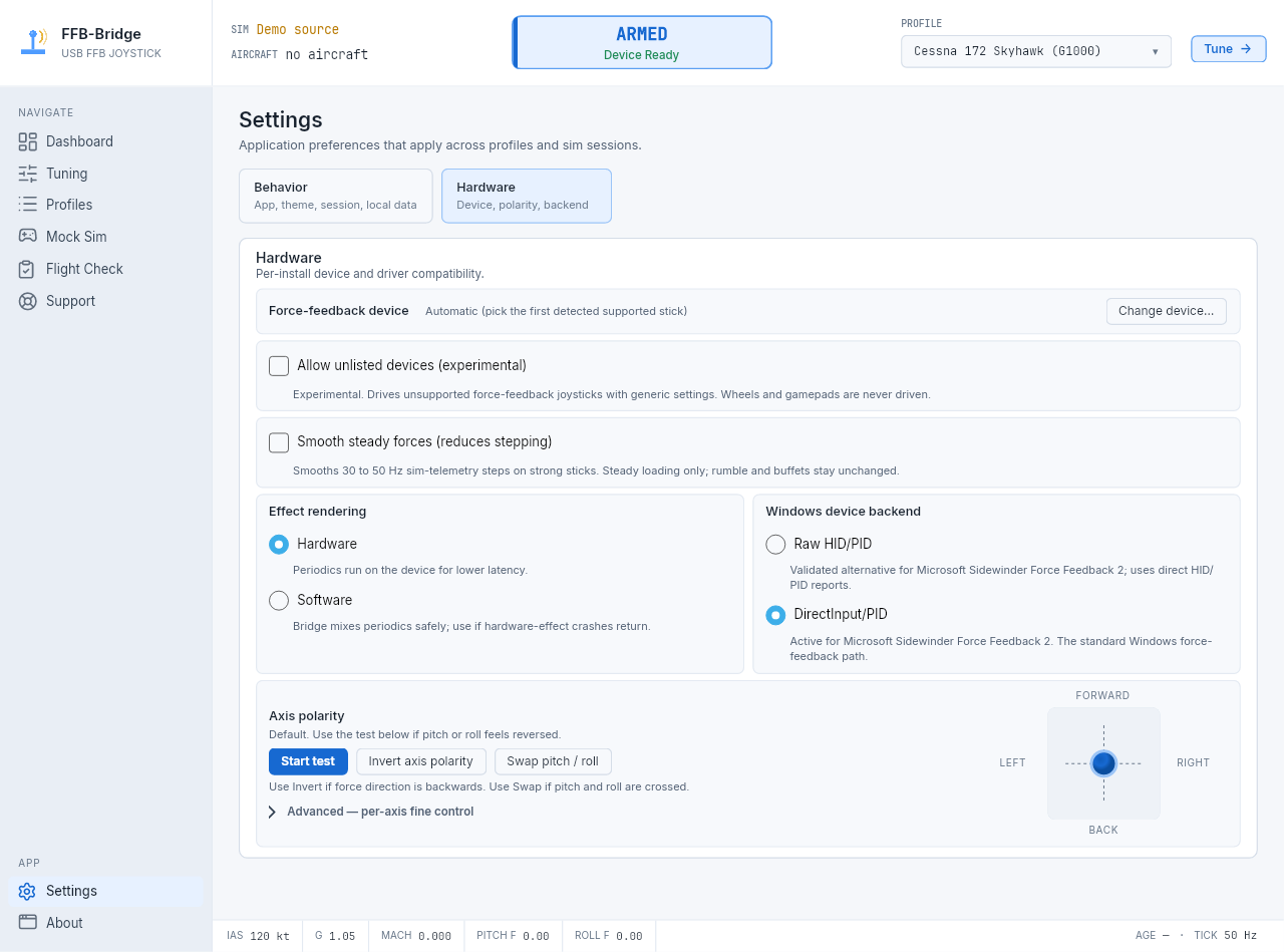 Página de configuración de FFB-Bridge con tema, automatización de sesión, comportamiento de cierre y preferencias de diagnóstico