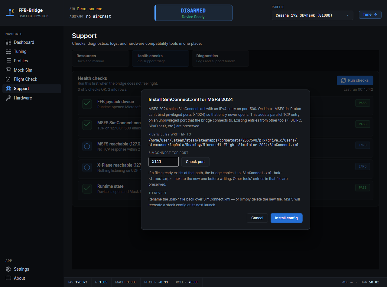 Page de support FFB-Bridge affichant les diagnostics SimConnect et les conseils de réparation