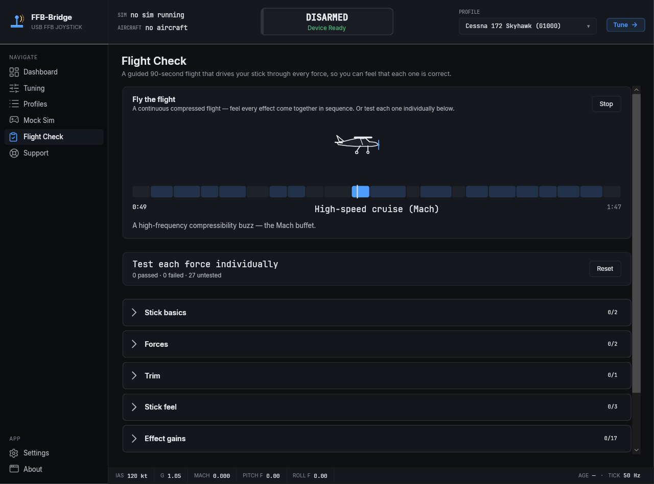FFB-Bridge Flight Check page flying a compressed test flight with an animated aircraft and timeline