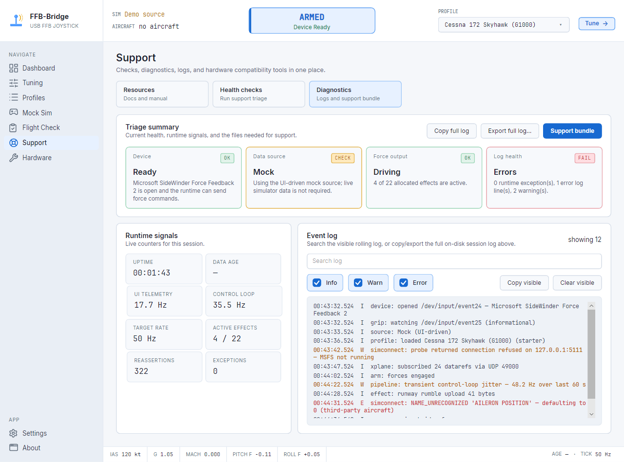 Page Diagnostics de FFB-Bridge avec métriques d'exécution, journaux et exportation de l'ensemble de support