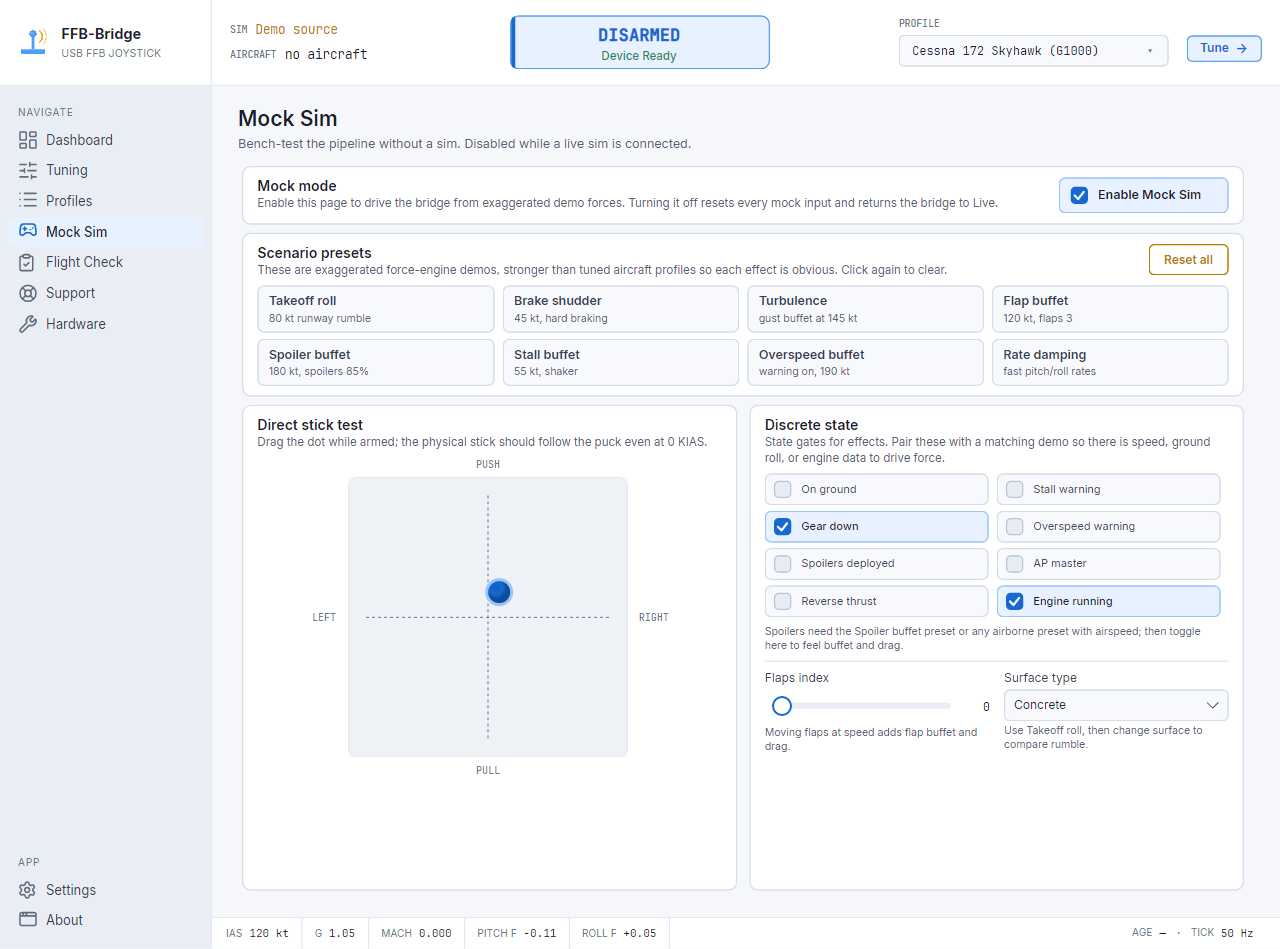 Page FFB-Bridge Mock Sim testant le retour de force sans simulateur de vol en cours d'exécution