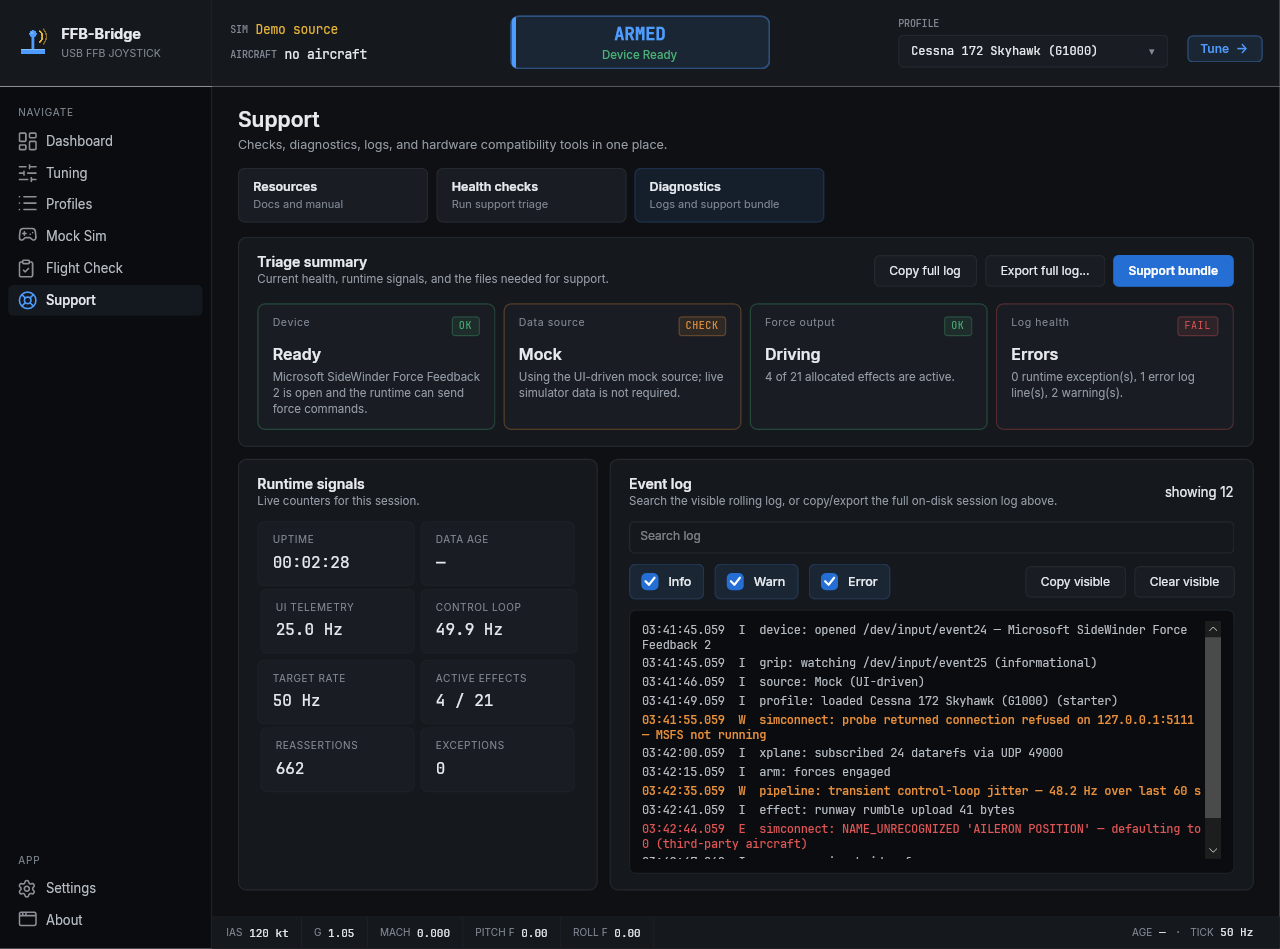 Page Diagnostics de FFB-Bridge avec métriques d'exécution, journaux et exportation de l'ensemble de support