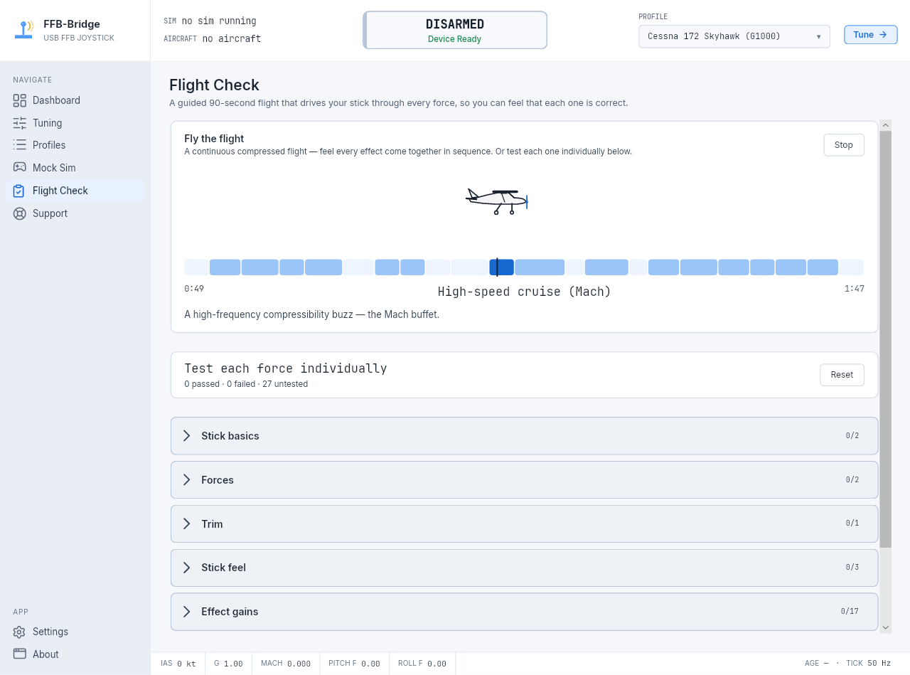FFB-Bridge Flight Check page flying a compressed test flight with an animated aircraft and timeline