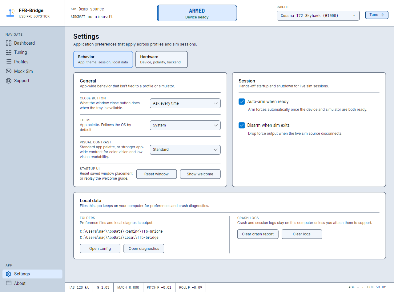 FFB-Bridge Settings → General with Visual contrast set to High contrast