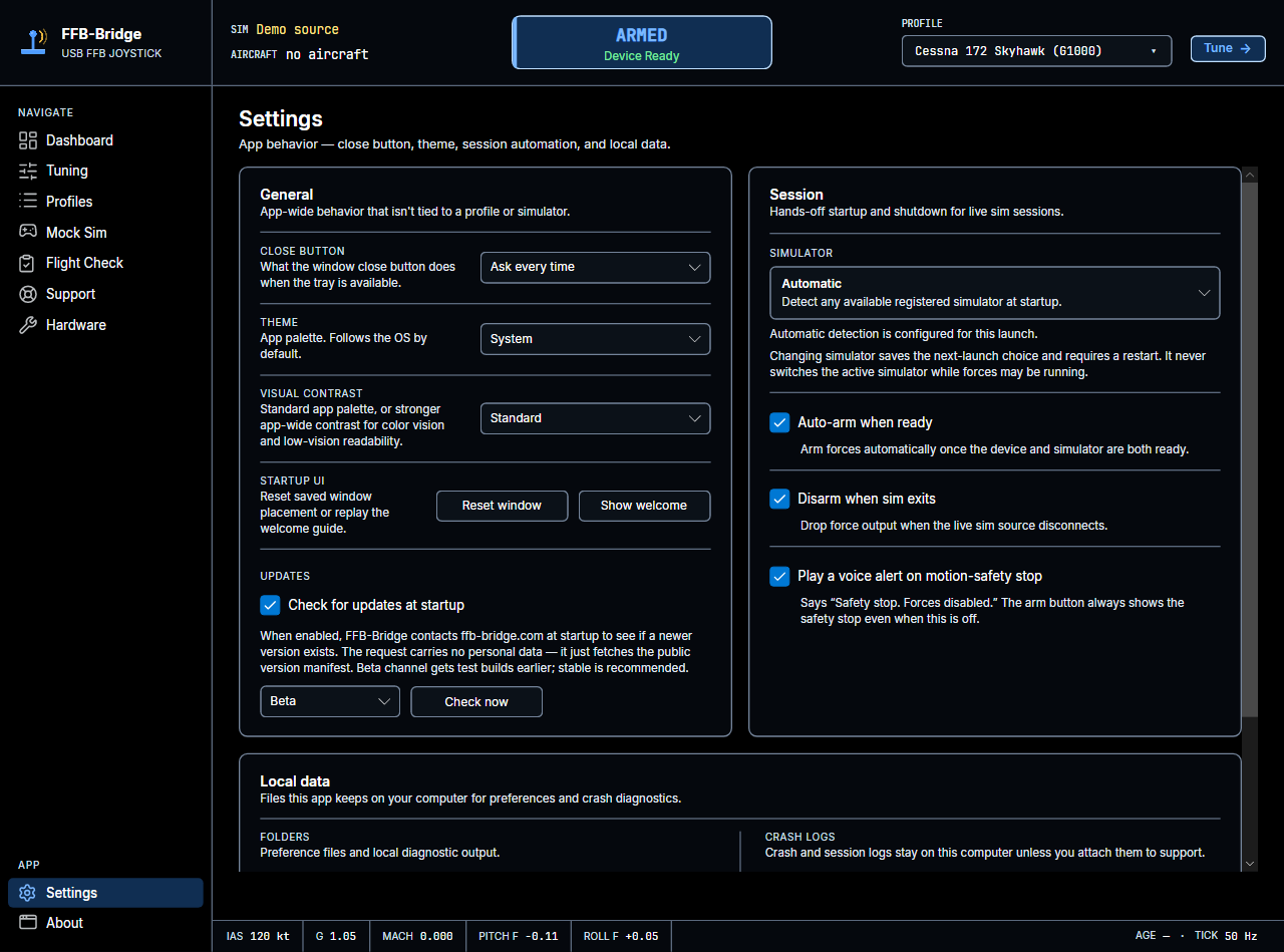 FFB-Bridge Settings → General with Visual contrast set to High contrast