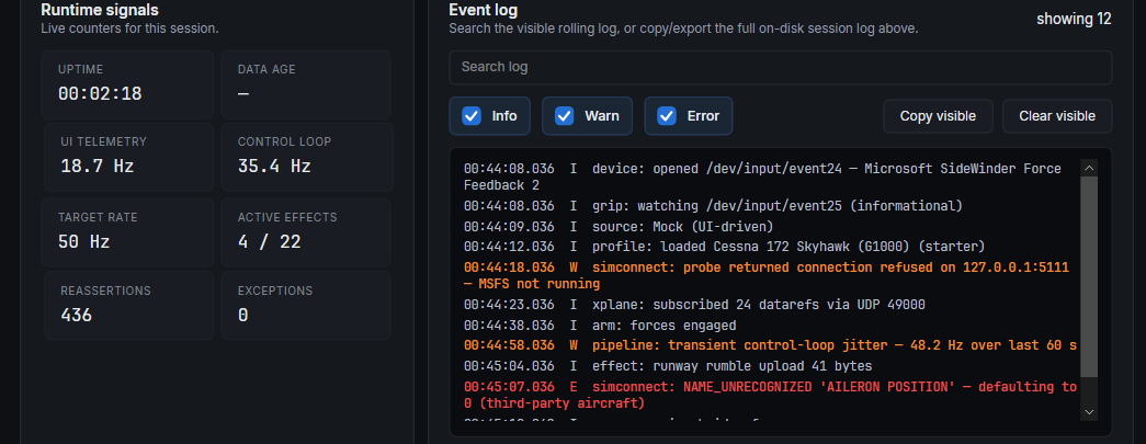 Event log strip. Warnings and errors stay readable, the text filter narrows the view, and Copy visible exports exactly the rows currently shown.