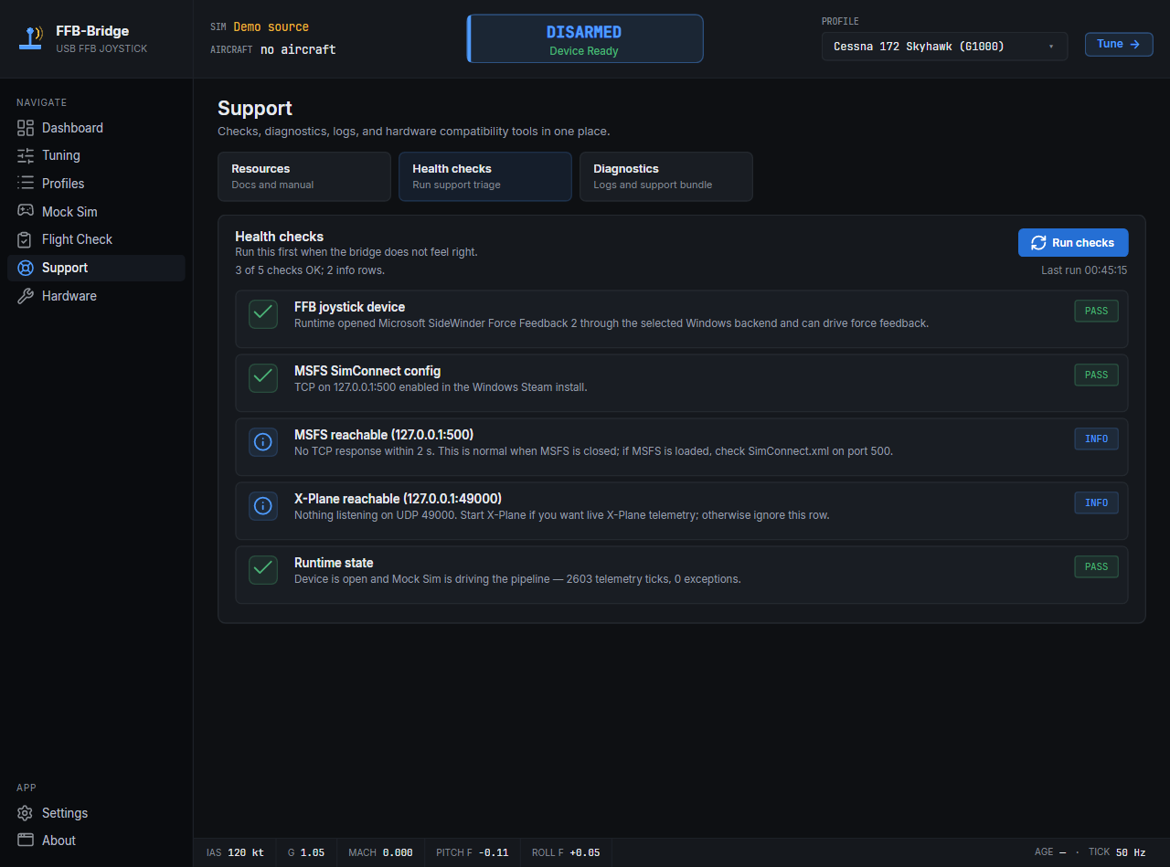 FFB-Bridge Support page used to validate supported joystick hardware