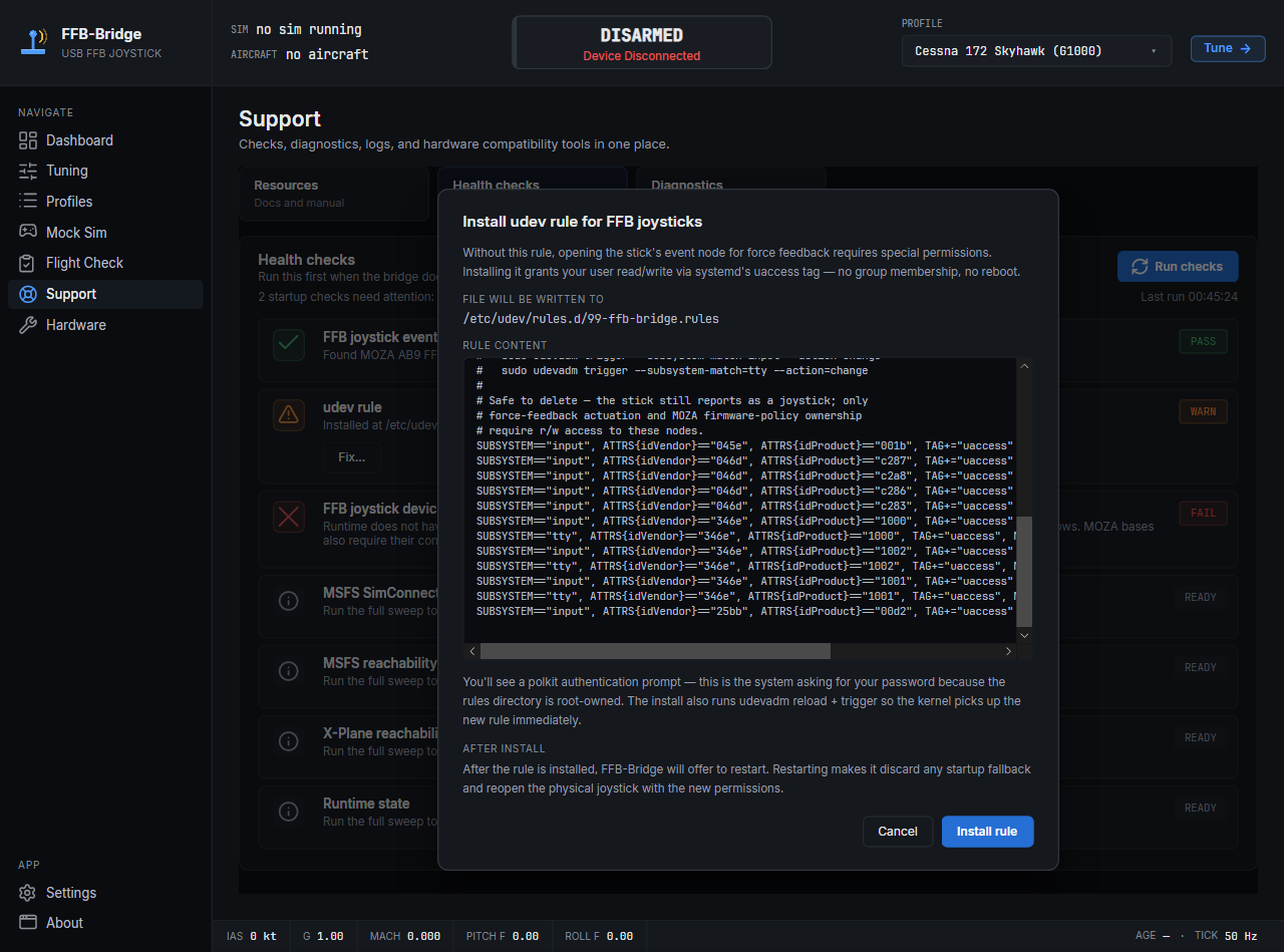 The Linux fix dialog previews the canonical supported-device input and MOZA TTY rule before requesting permission. A connected opted-in unlisted joystick is appended during installation.