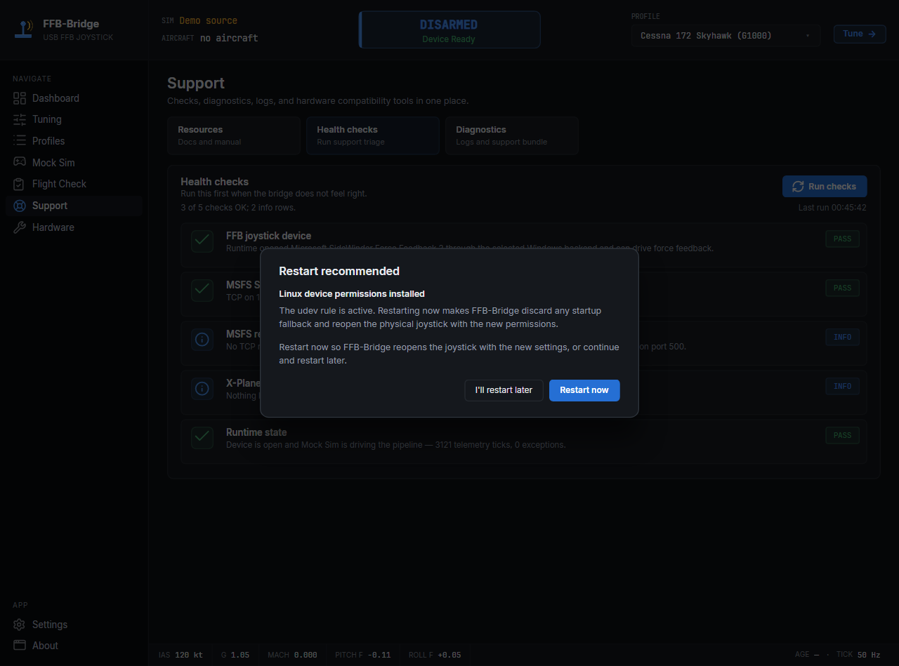 After a successful repair, the rule is active and the app recommends a restart. Restart now reopens the joystick with the new permissions and drops any startup fallback; Restart later is safe when you need to continue first.