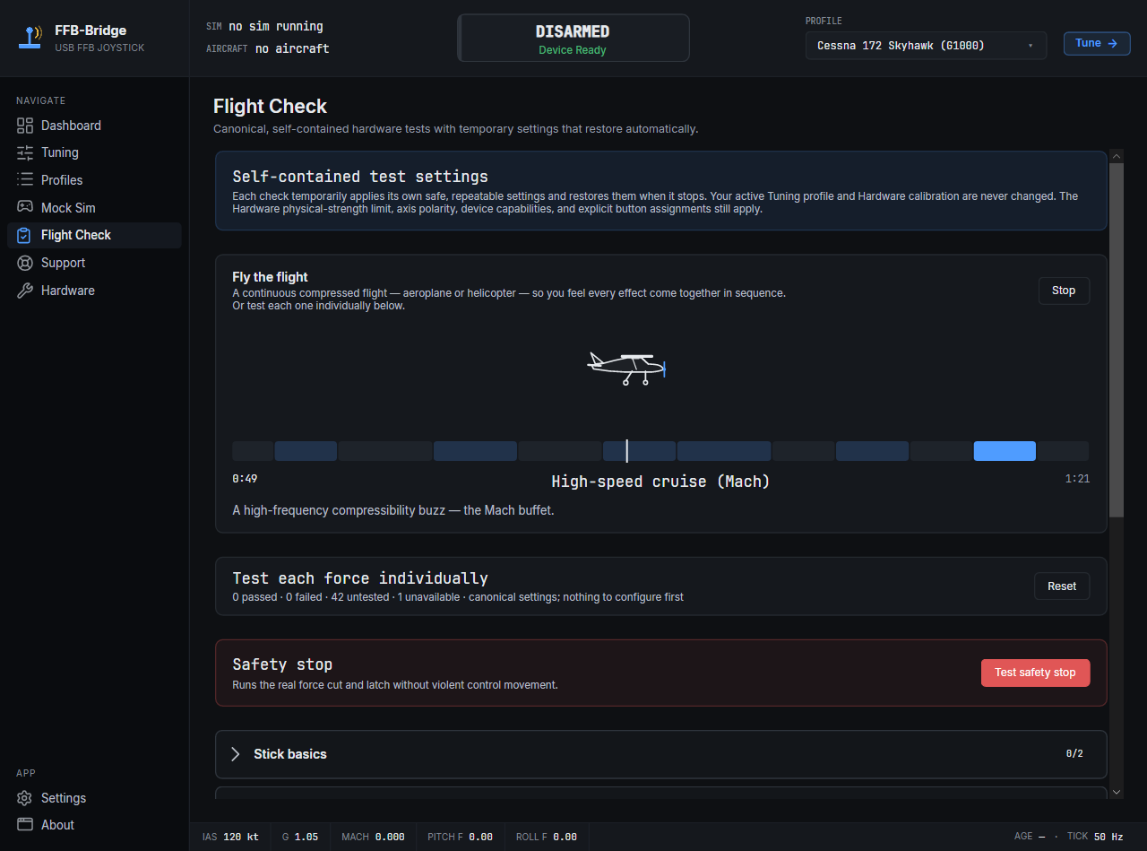 FFB-Bridge Flight Check page flying a compressed test flight with an animated aircraft and timeline