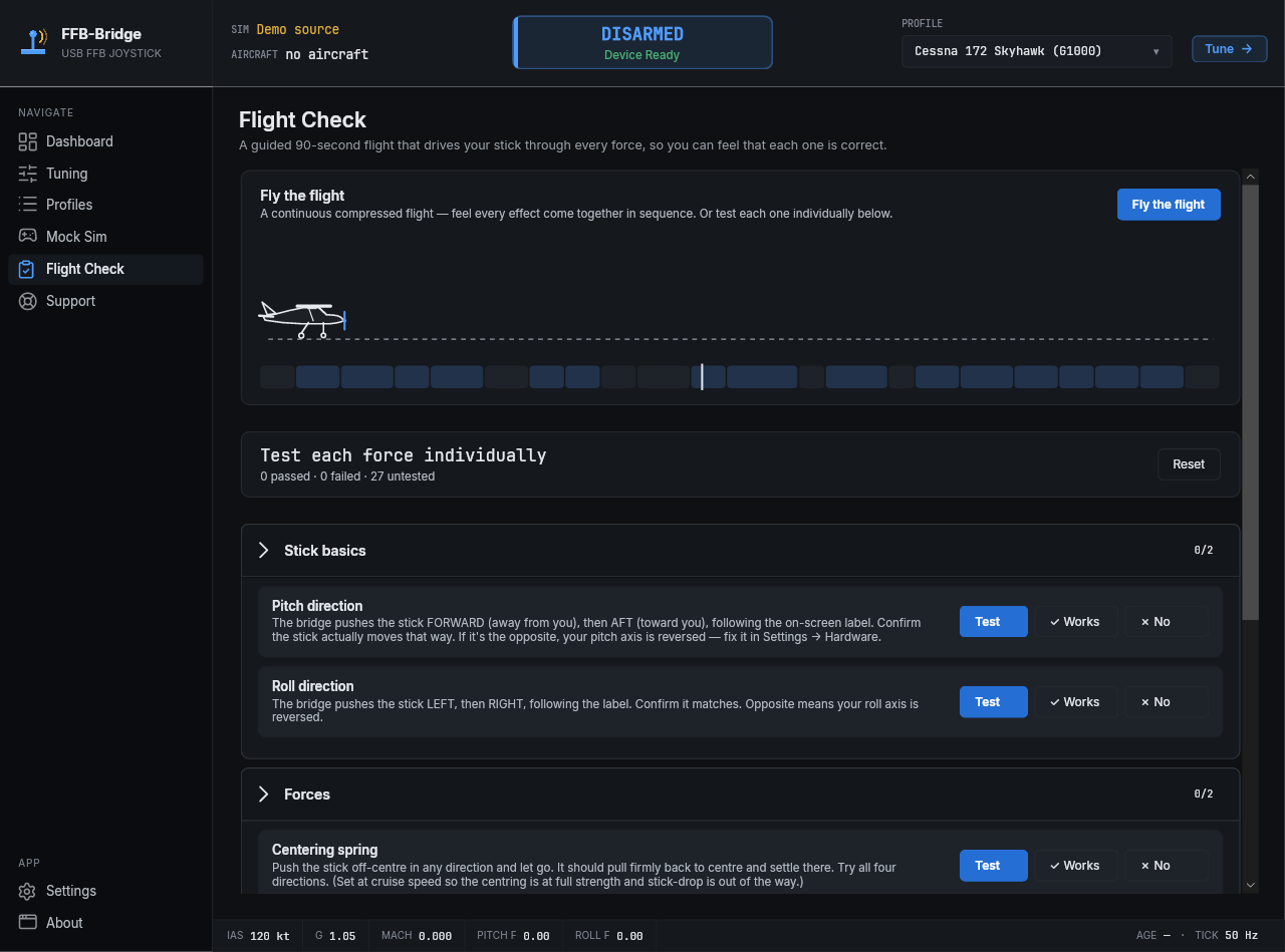 The Flight Check page. Fly the whole flight from the top card, or expand a group and test each force on its own.