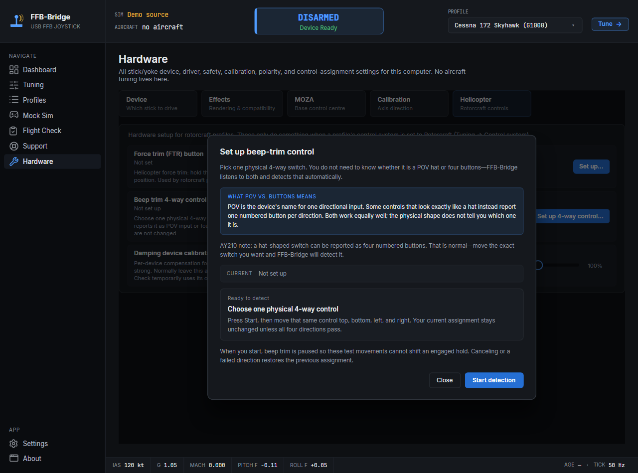 The guide explains POV versus buttons, pauses the current assignment, prepares input without a moving progress bar, then verifies all four directions before saving one input shape.