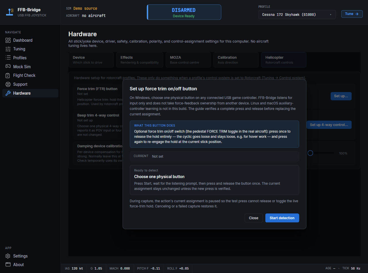 Choose Set up… for the FTR button, optional force-trim on/off button, or beep-trim 4-way control. Each opens the same guided modal, waits while device input is prepared, then animates only while a press or direction can be captured. Nothing is assigned automatically, and simulator keybindings are never changed.