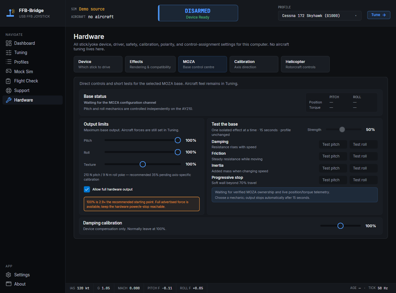 FFB-Bridge Hardware MOZA page showing device status, live position, output limits, and mechanical-feel tests