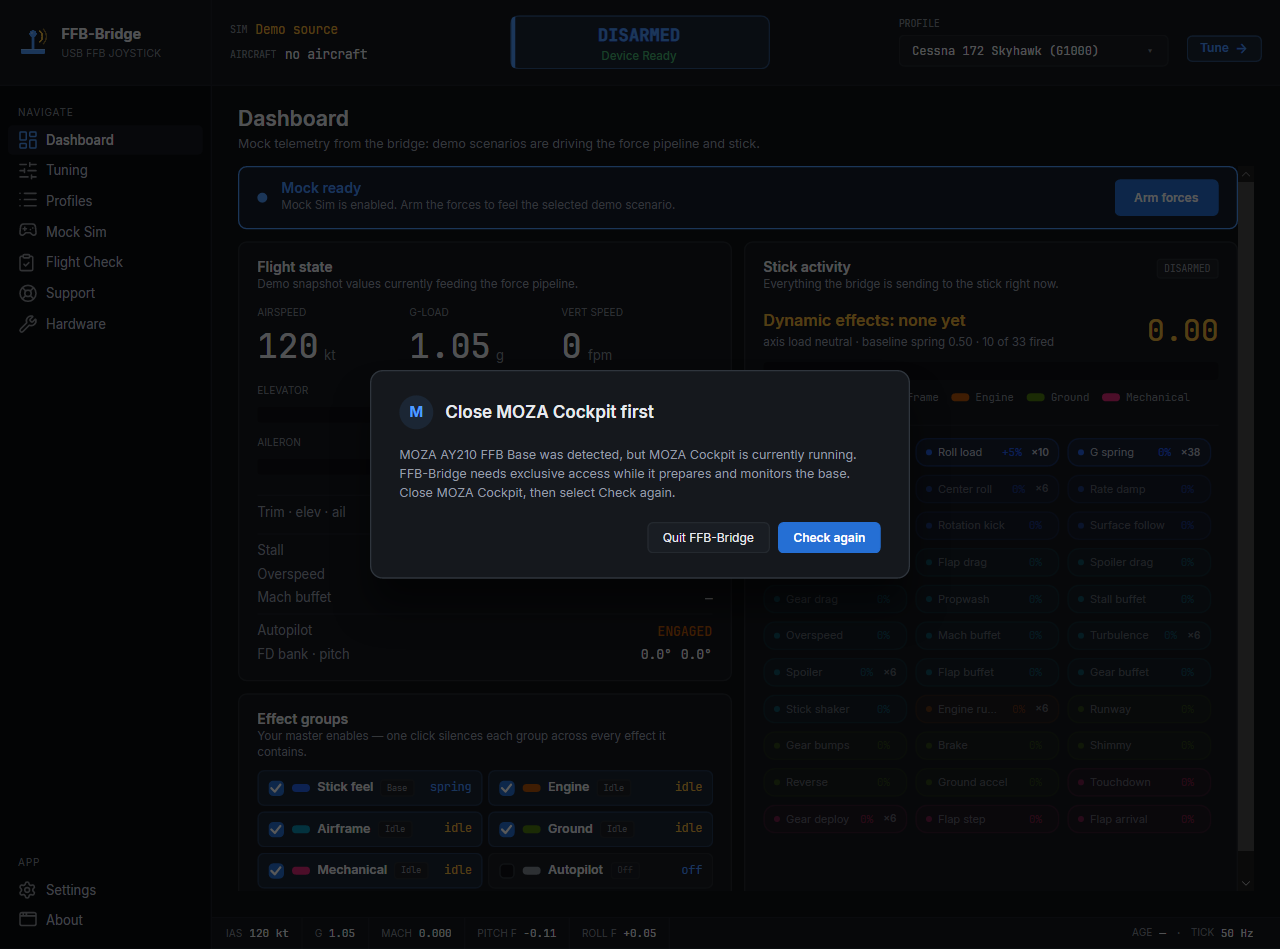 FFB-Bridge dialog asking the user to close MOZA Cockpit before continuing