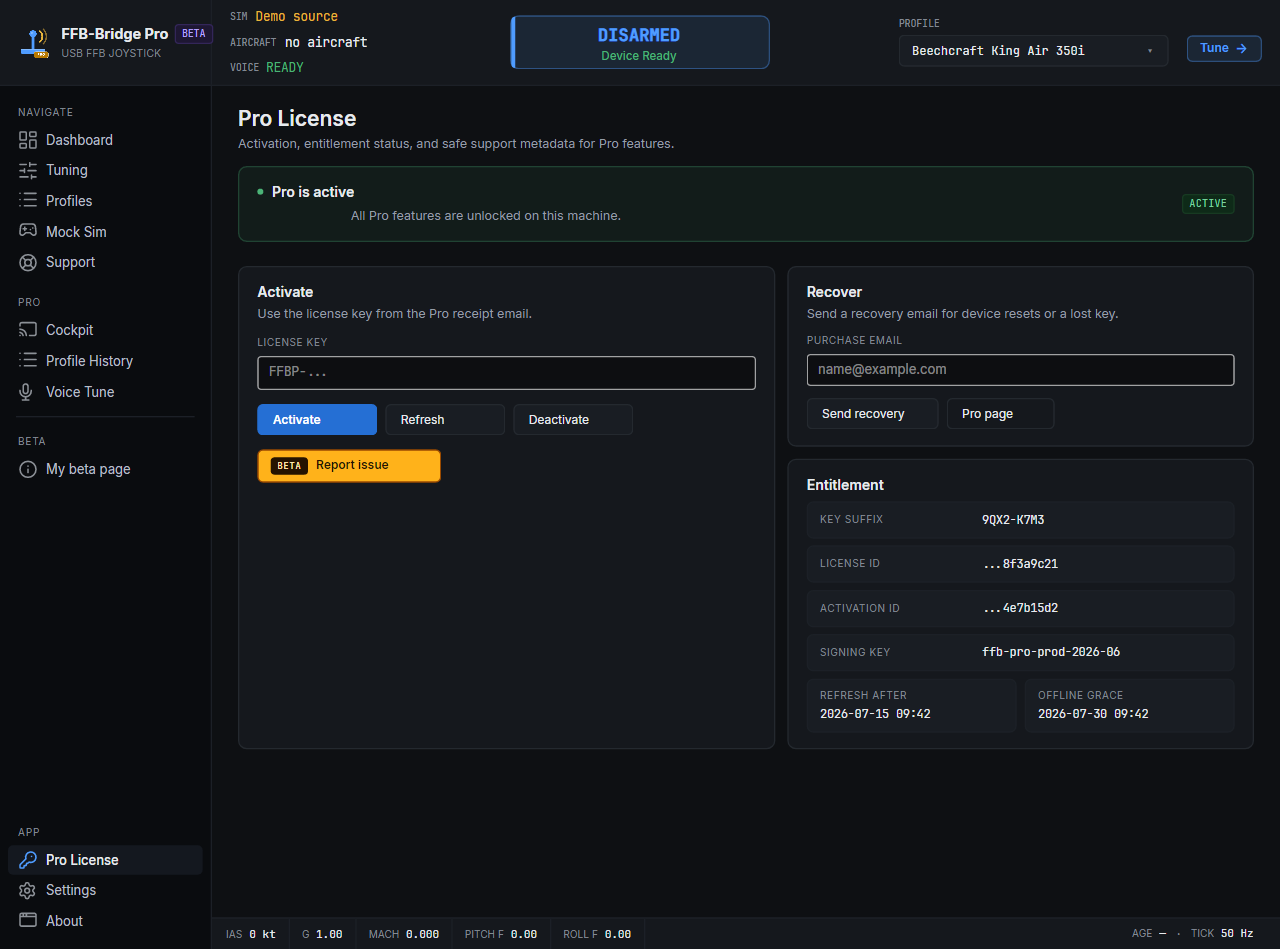 FFB-Bridge Pro License page showing an active entitlement