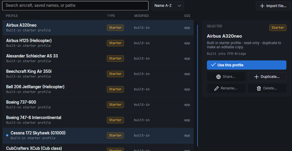 Profile library list. Starter rows are marked as built-in, the current profile is highlighted, and saved profiles appear in this same list with edit and delete actions.