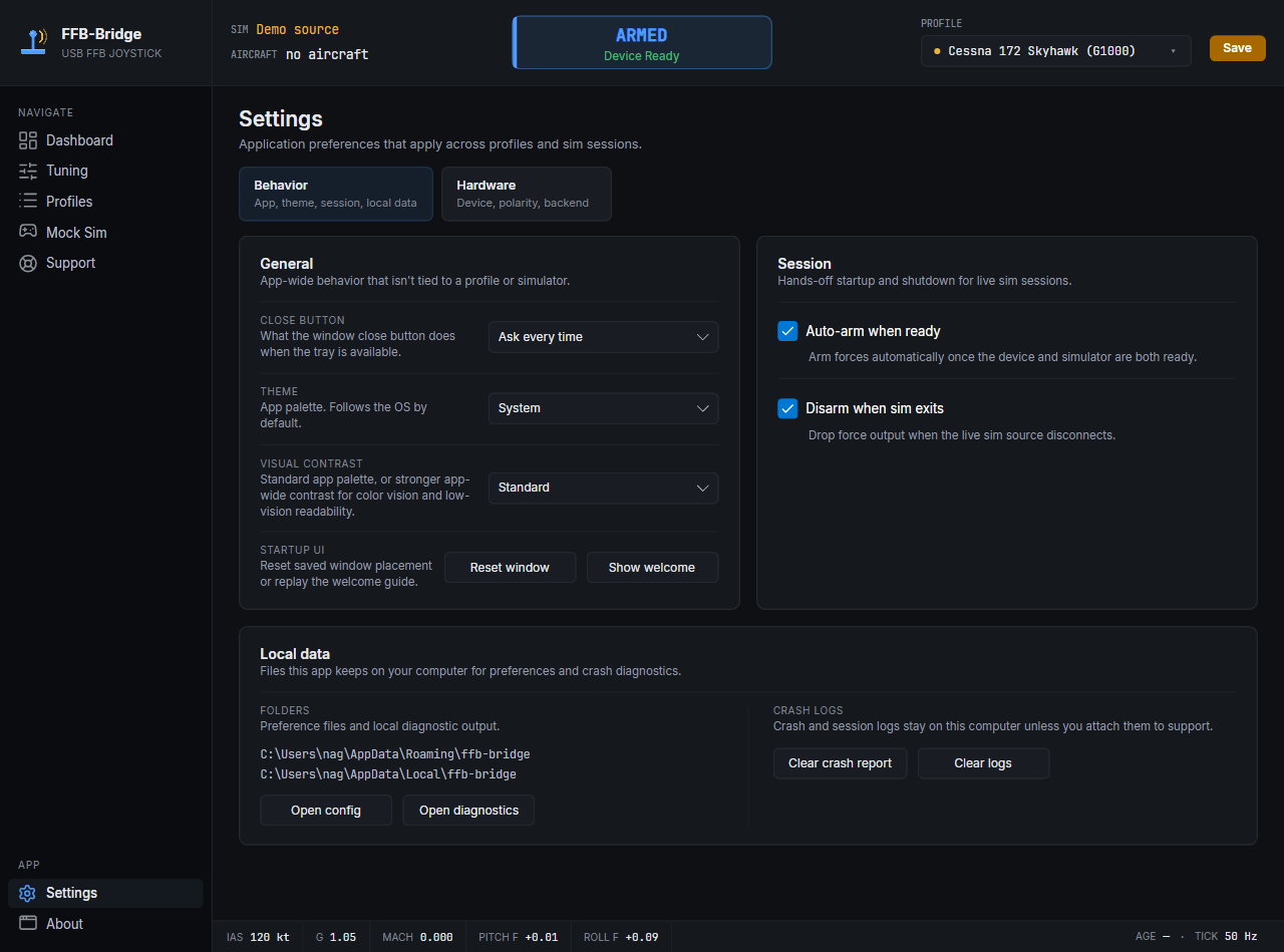 FFB-Bridge Settings page checking SideWinder FFB2 hardware compatibility