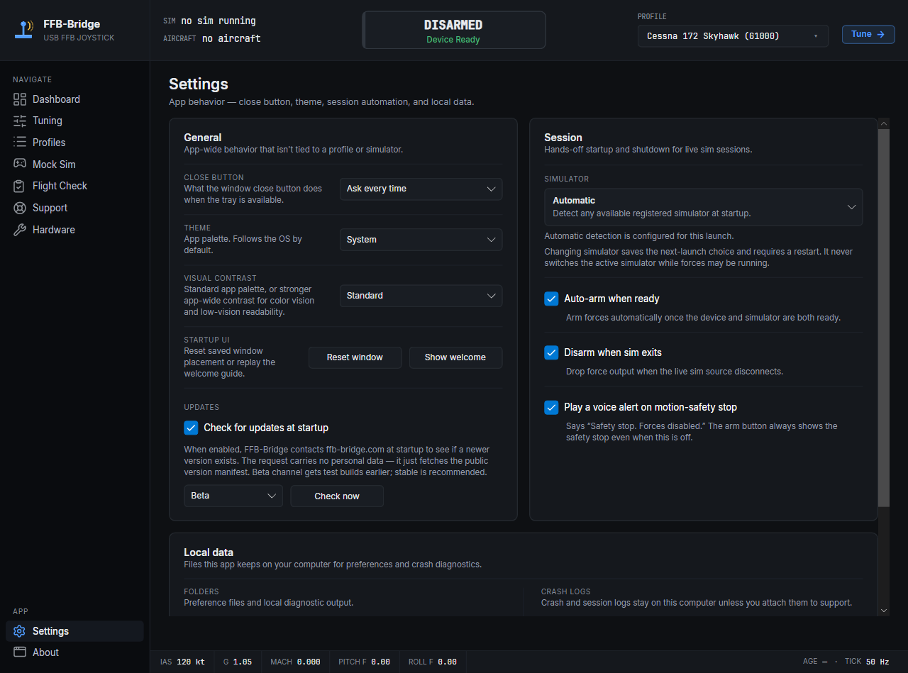 Settings page. The Behavior tab's General, Session, and Local data cards cover theme, visual contrast, close behavior, auto-arm / auto-disarm, local folders, crash cleanup, and log cleanup.