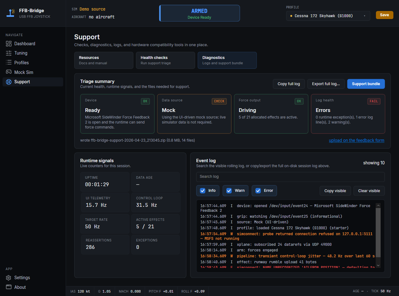 Export flow — Diagnostics button, then the banner with filename and feedback-form link.