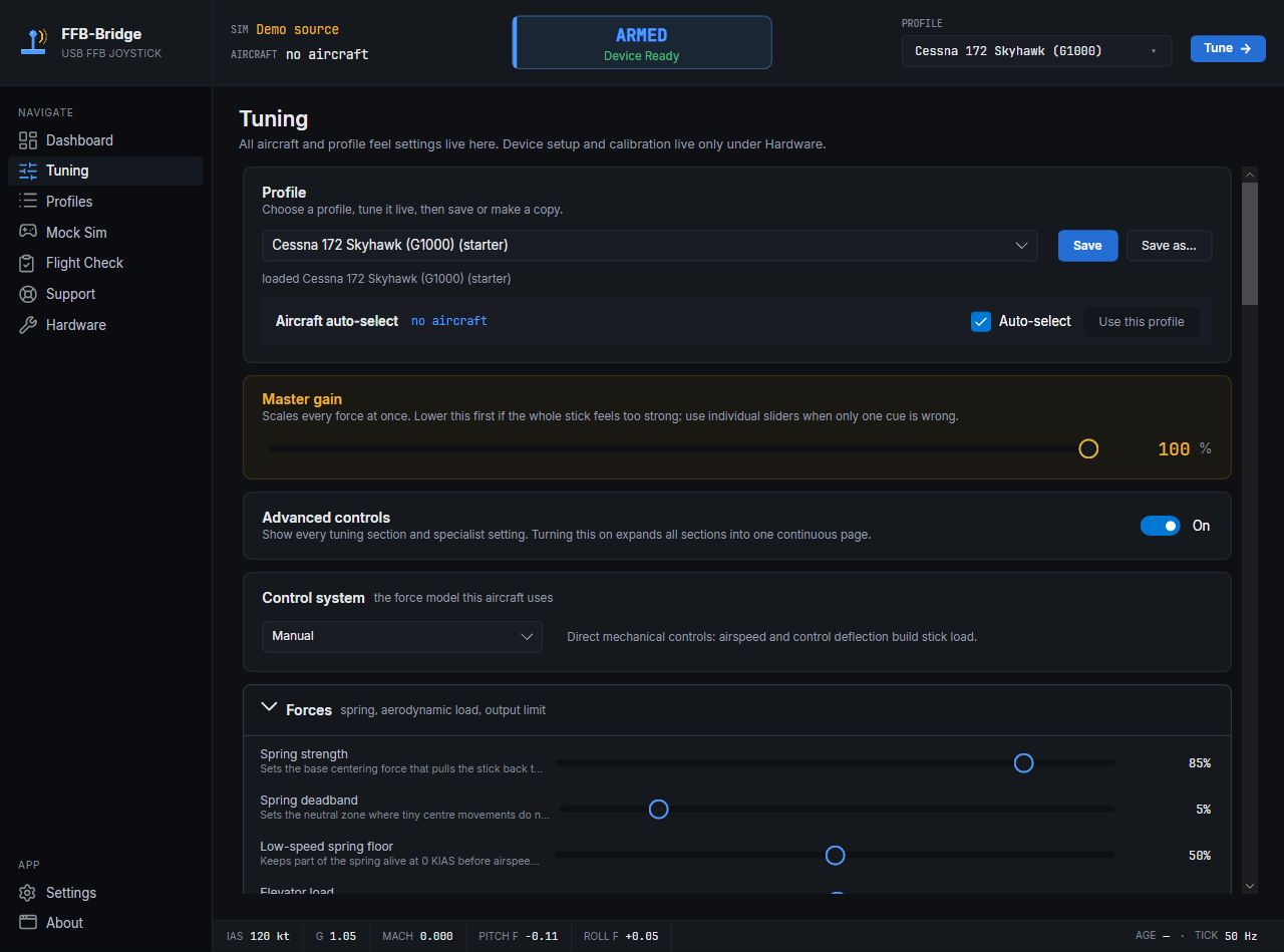 The Advanced view adds detailed force-model controls while keeping the essential profile context at the top.