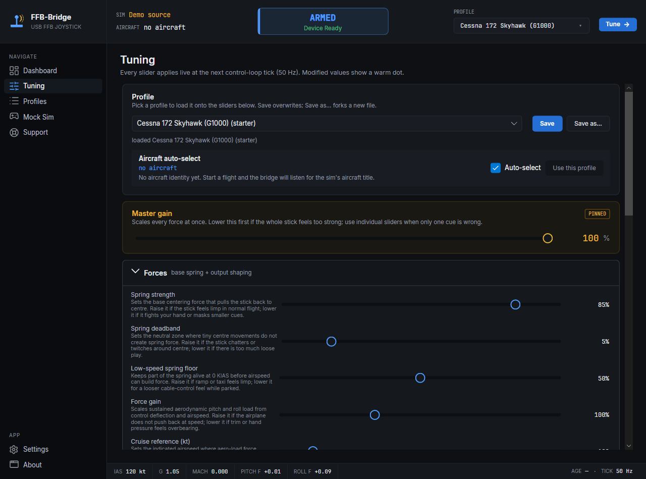 Tuning page: master-gain accent card, then effect sliders grouped by subsystem (Forces, Trim, Stick feel, Ground effects, Aero buffets, Powerplant, One-shots, Autopilot), with per-slider reset arrows and dirty indicators.
