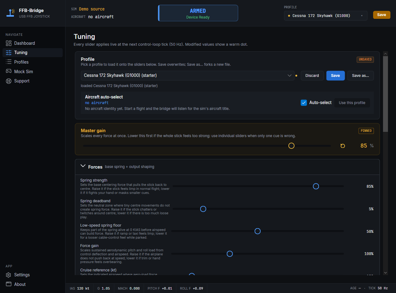 Per-slider and per-section reset arrows on dirty rows; matching glyph on the section header; dirty dot on the profile picker.