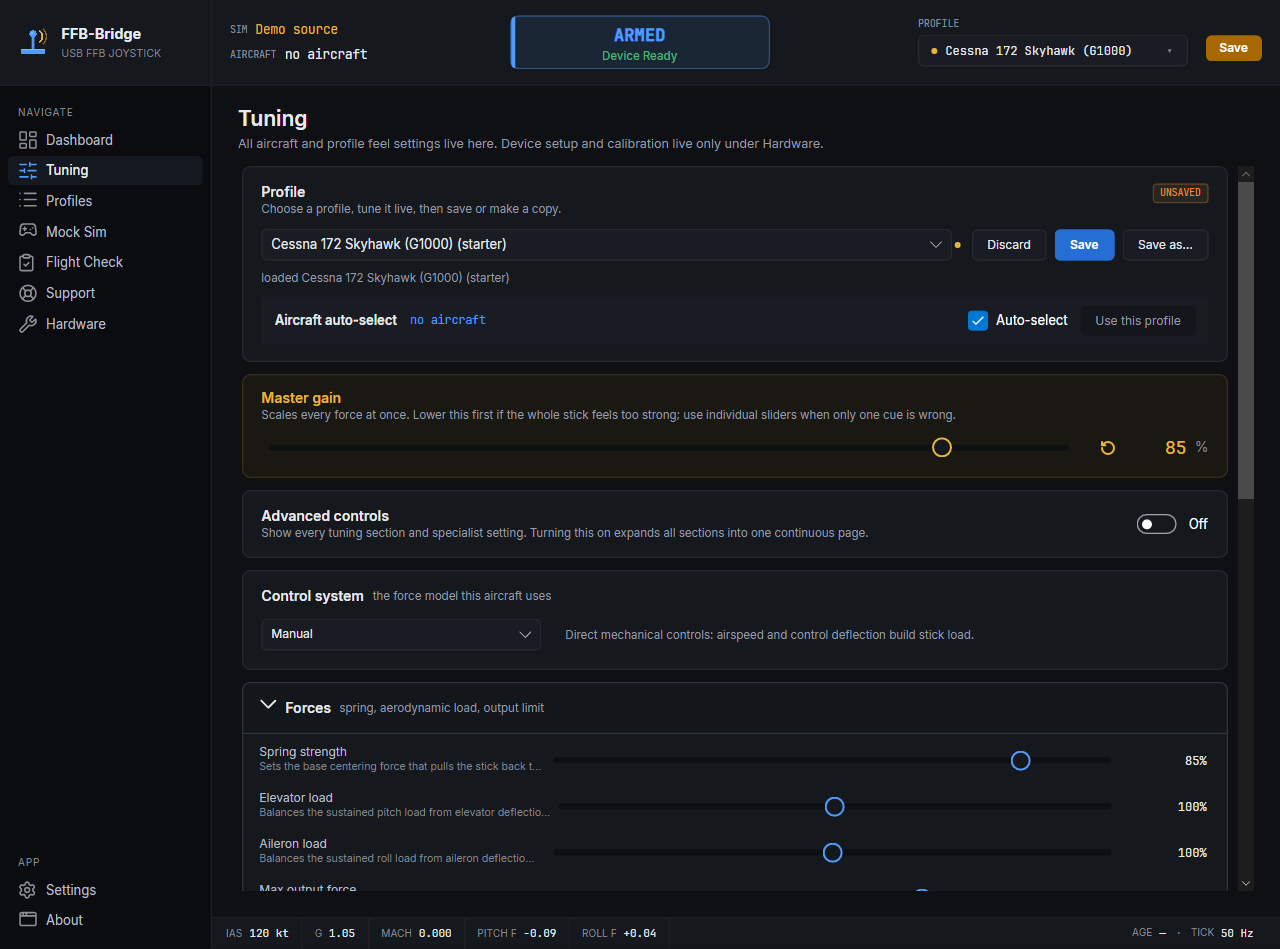 Master gain edited from default 100% to 85%. The back-arrow reset glyph appears next to the value (click to revert that single slider), an amber dirty-dot sits next to the profile picker, an UNSAVED pill lights up top-right of the Profile card, and a Discard button appears (reverts every dirty slider at once). Section / per-slider reset glyphs in the collapsed Forces / Stick feel / Effect gains expanders work the same way.
