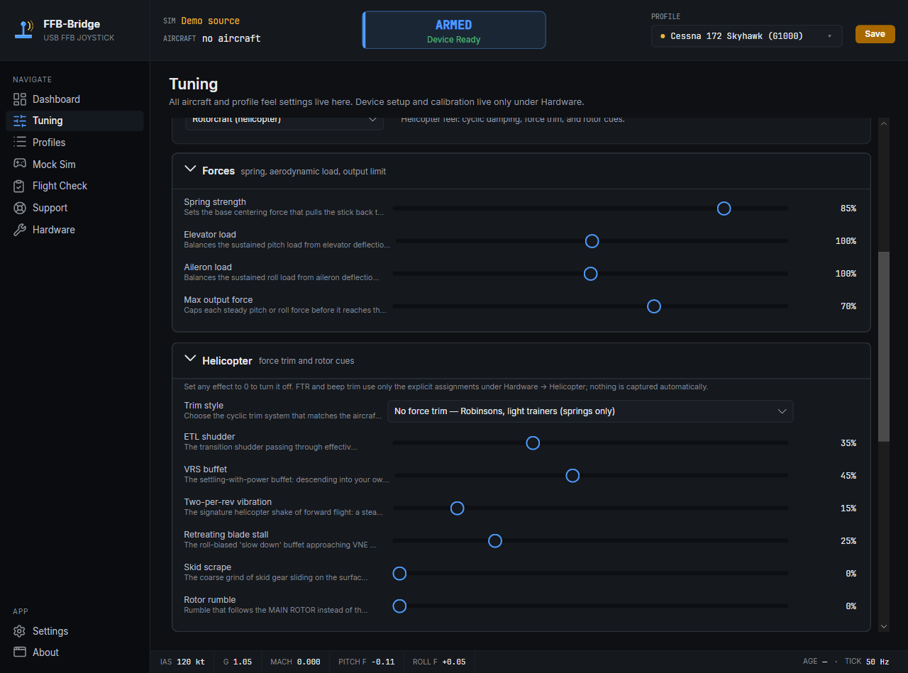 FFB-Bridge Tuning page with Rotorcraft selected and the Helicopter controls visible