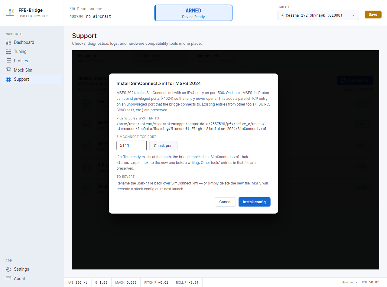 FFB-Bridge Support page showing Linux SimConnect and loopback setup guidance