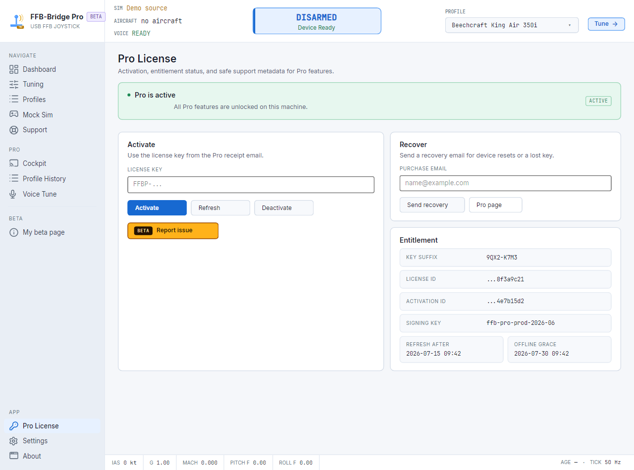 FFB-Bridge Pro License page showing an active entitlement