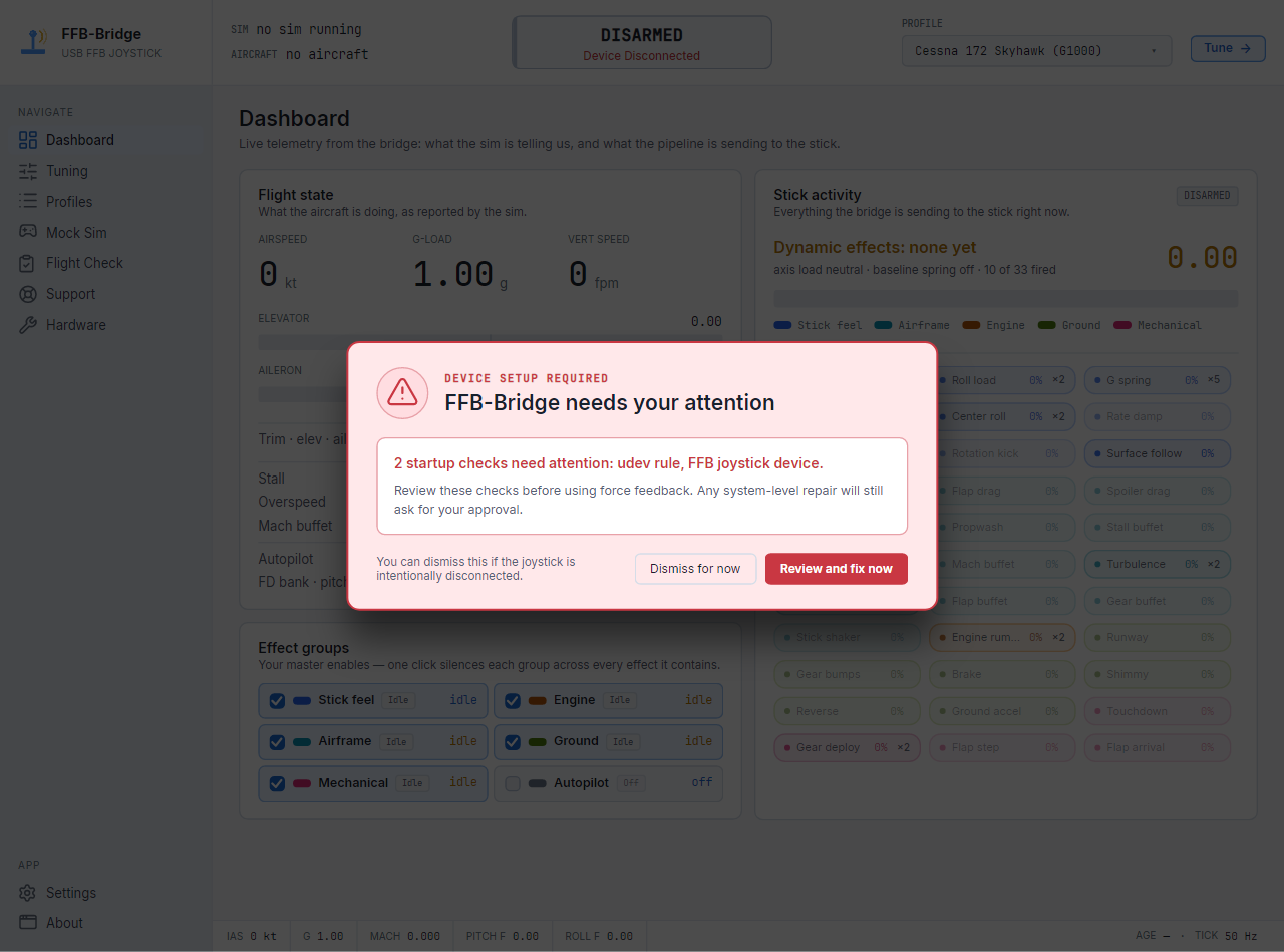 The startup banner names only device/setup checks that need attention and opens Support → Health checks already populated when you choose Review and fix.