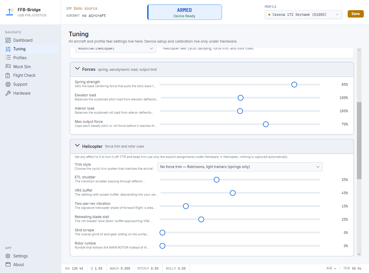 FFB-Bridge Tuning page with Rotorcraft selected and the Helicopter controls visible