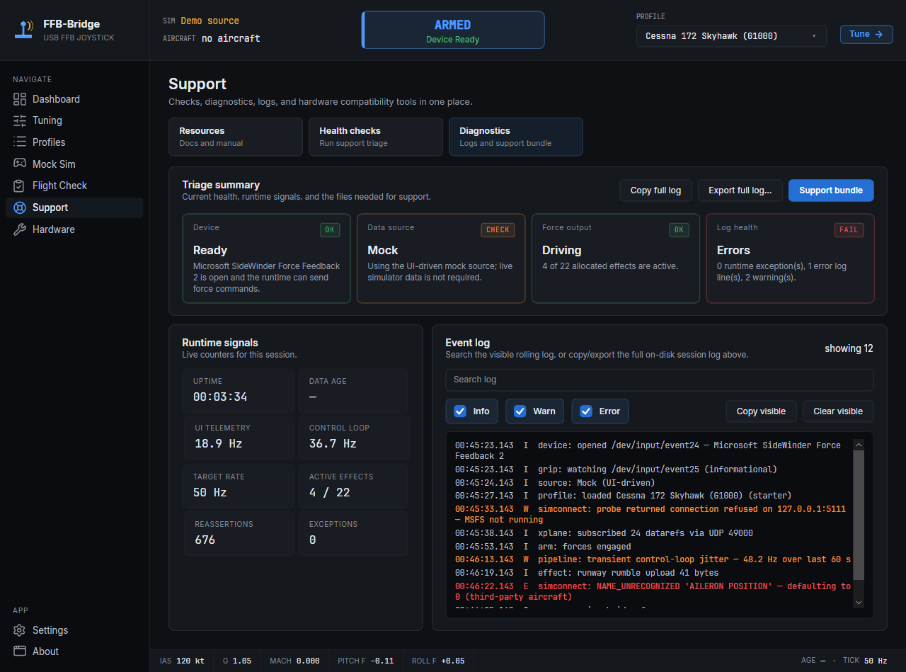 FFB-Bridge Diagnostics page with runtime metrics, logs, and support-bundle export