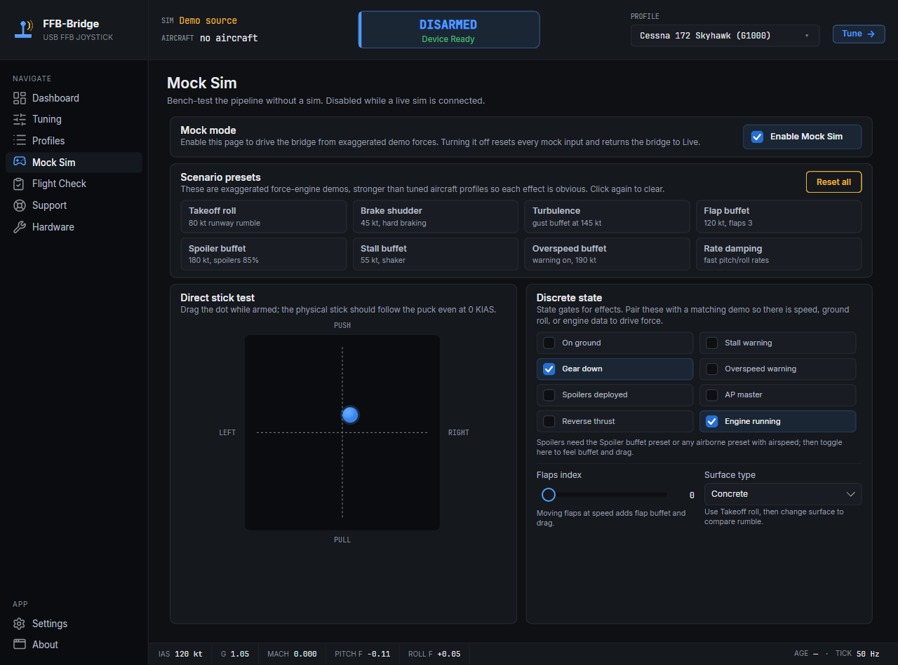 FFB-Bridge Mock Sim page bench-testing force feedback without a flight simulator running