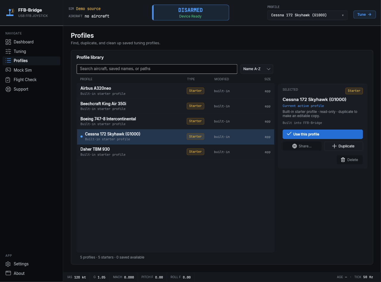 FFB-Bridge Profiles page for saved SideWinder FFB2 tuning values