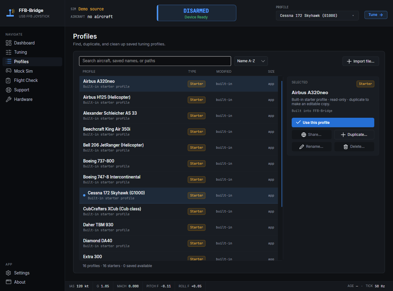 FFB-Bridge Profiles page for saved SideWinder FFB2 tuning values