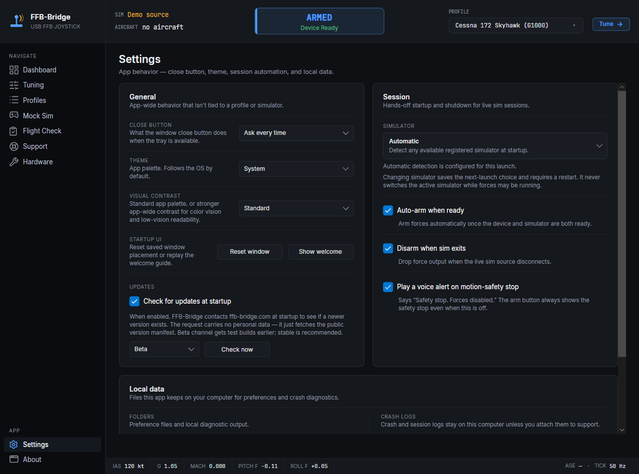 FFB-Bridge Settings page with theme, session automation, close behavior, and diagnostics preferences