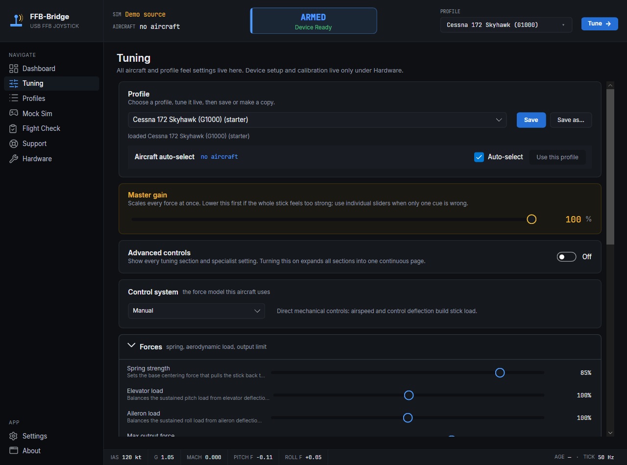 FFB-Bridge Tuning page with force-effect sliders for MSFS and X-Plane