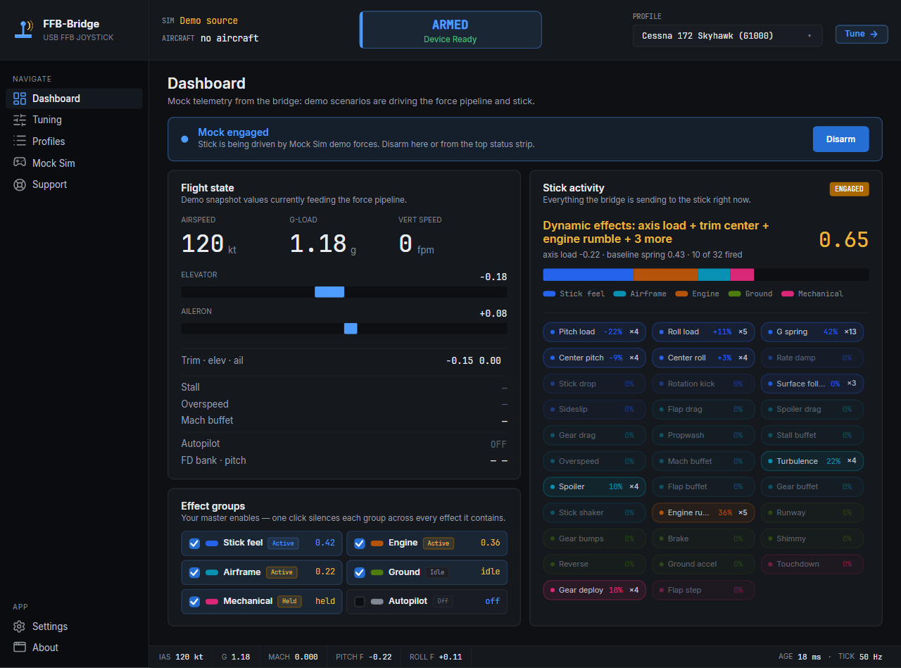 Layout della dashboard: pannello dello stato del volo a sinistra, pannello delle attività con la levetta a destra. Lo stato operativo (braccio, SIM, dispositivo, modalità, profilo) si trova nella striscia superiore.