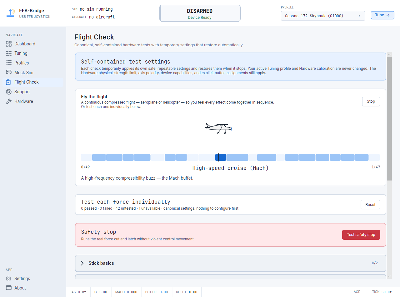 Pagina Flight Check di FFB-Bridge che esegue un volo di prova compresso con un aeromobile animato e una timeline