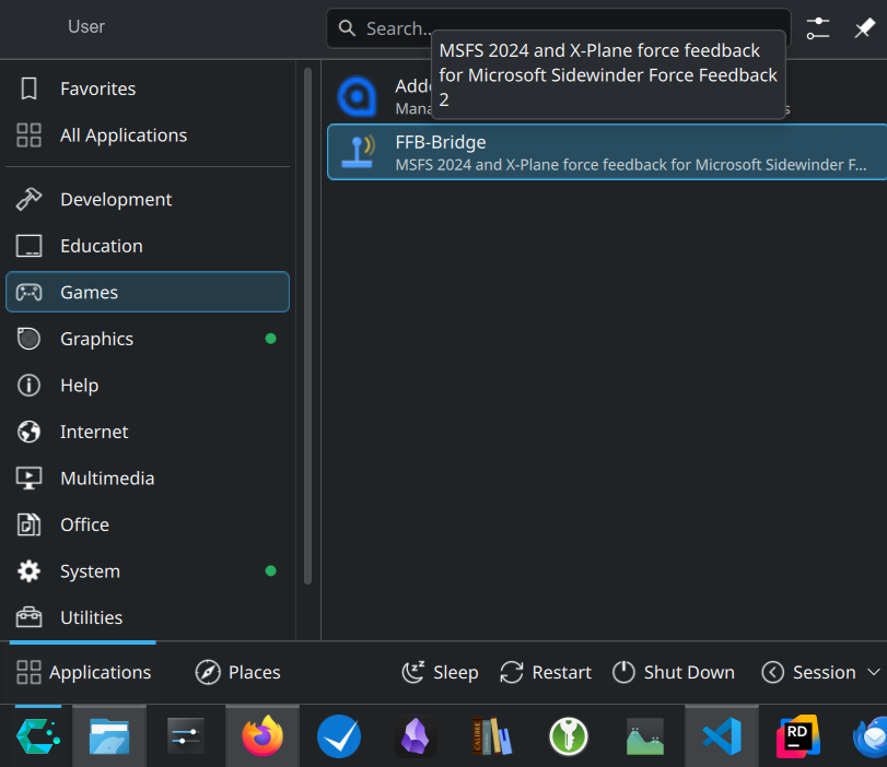 Voce del menu del desktop Linux per l'avvio di FFB-Bridge AppImage
