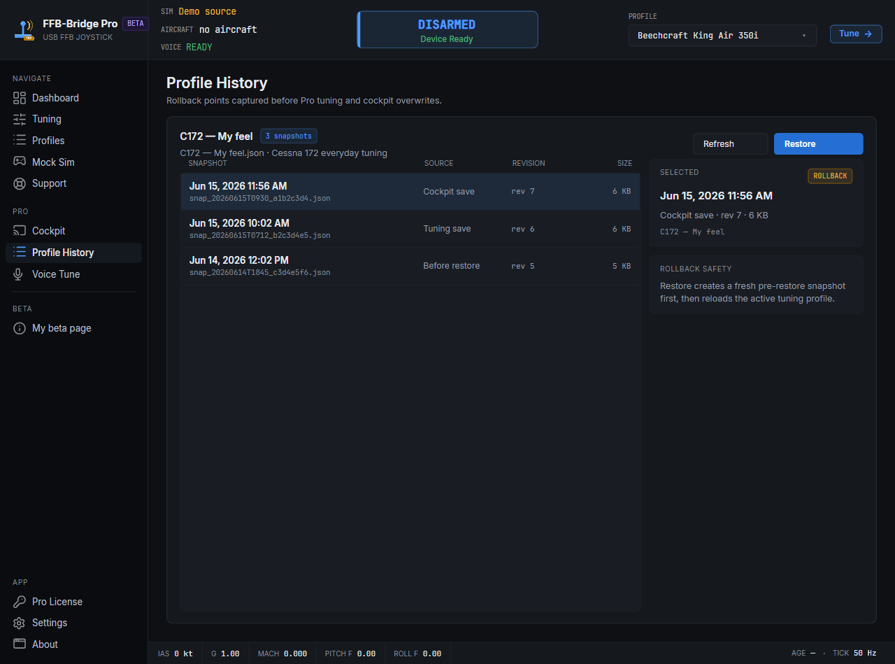 選択された状態のプロファイルスナップショットの一覧を表示している FFB-Bridge Pro Profile History ページ