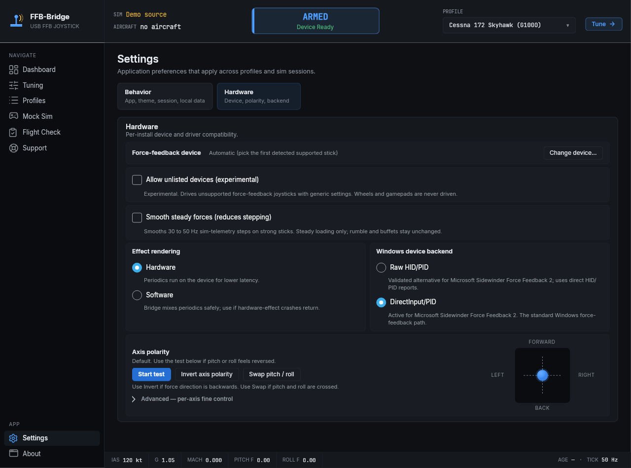 テーマ、セッション自動化、クローズ動作、および診断設定を含む FFB-Bridge設定ページ