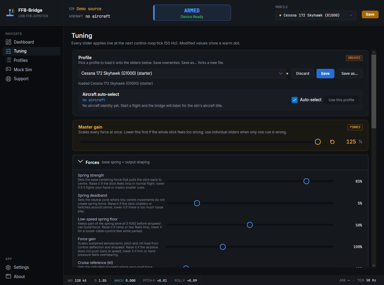 같은 화면, 다른 편집 값입니다. 동일한 dirty 표시: 값 옆의 reset 글리프, Profile 카드의 UNSAVED pill, 선택기의 dirty dot.