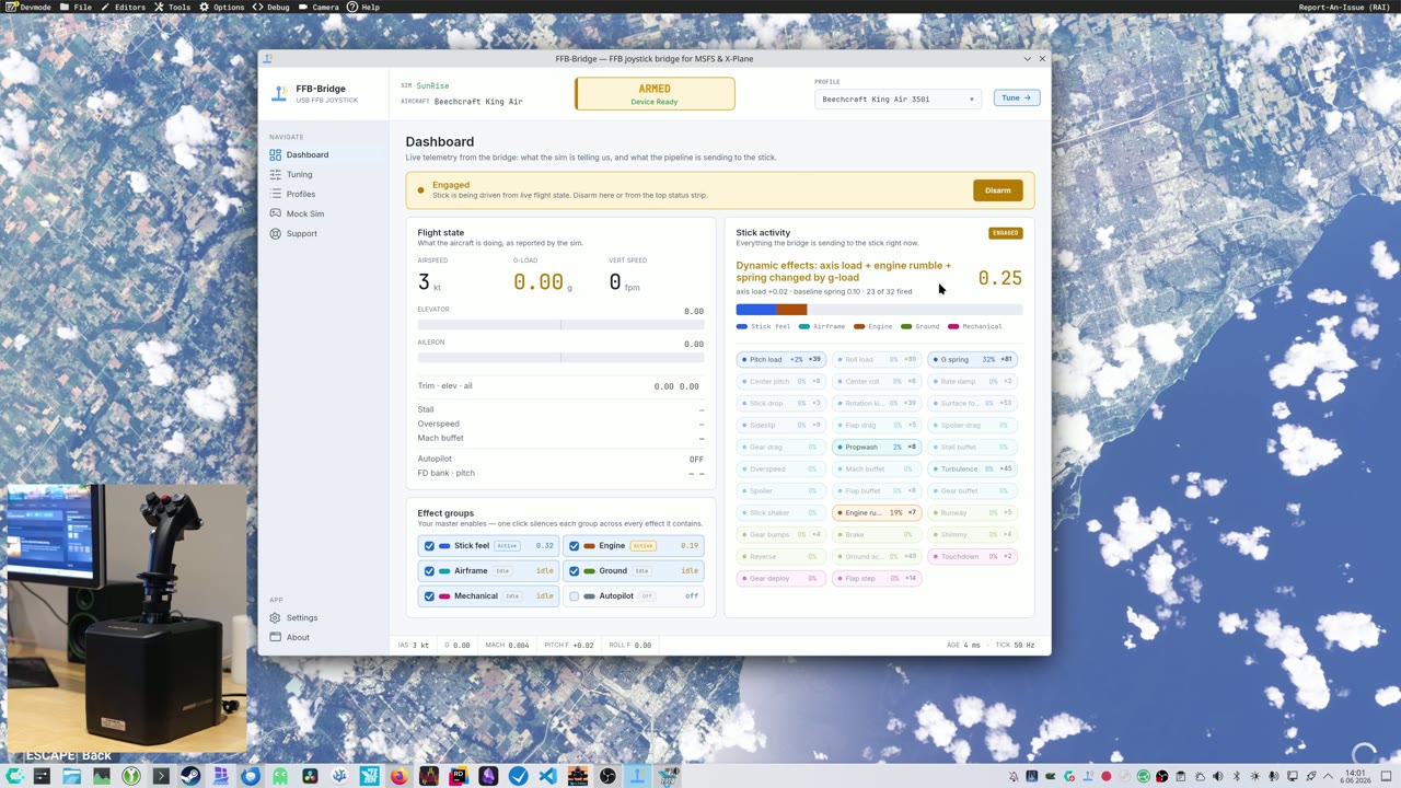 FFB-Bridge Dashboard driving a MOZA AB9 with live force output during a flight on Linux